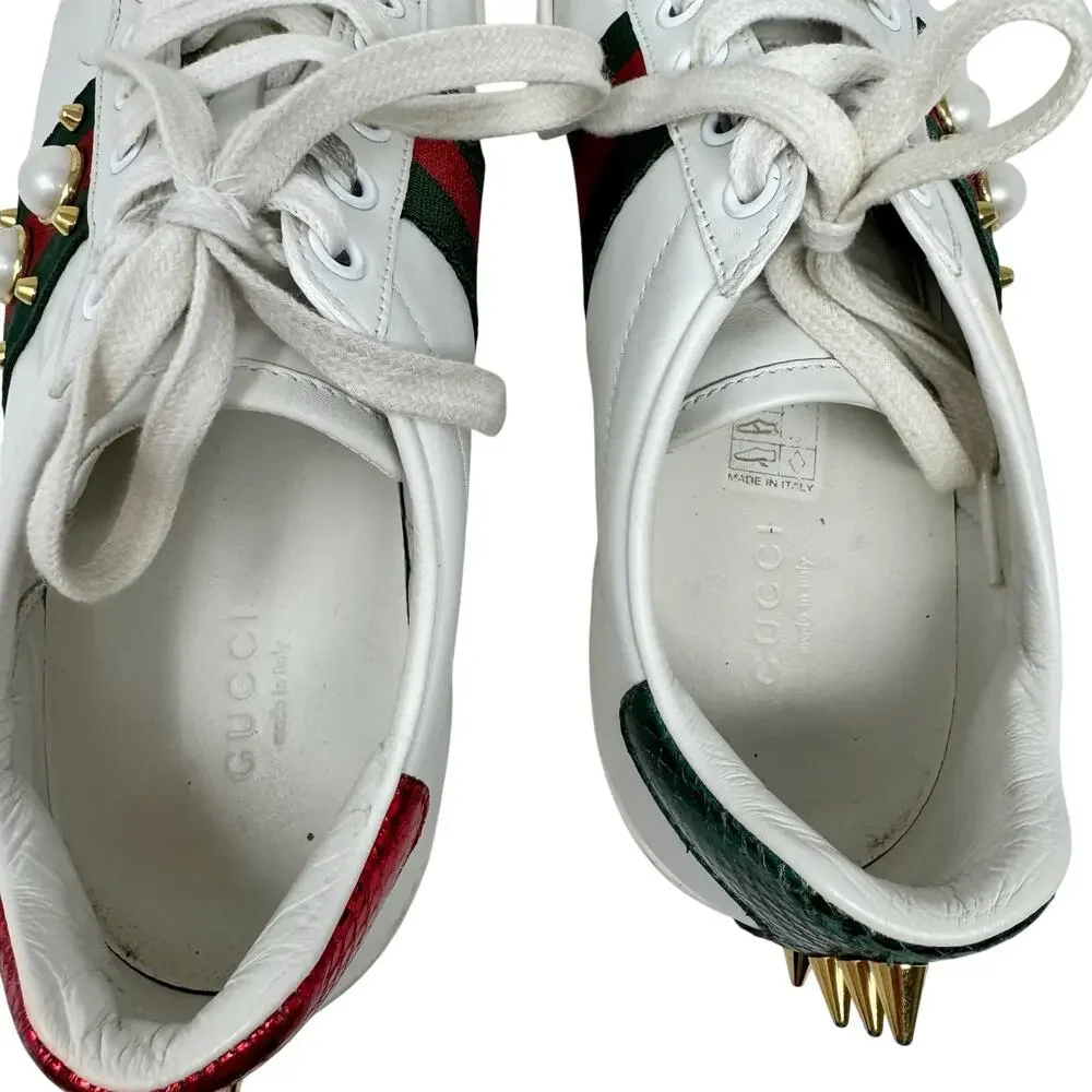 Gucci Ace Sneakers 37 White Leather Pearl Stud Web Stripe Spiked Heel - Picture 5 of 10